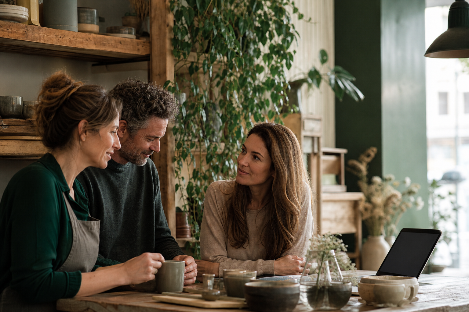 People having a relaxed conversation in an independent business
